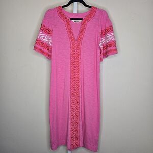 Boden Women's Pink Geometric Embroidered V-Neck Midi Shift Dress Cotton